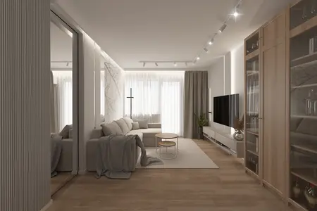 Wnętrze salonu w stylu skandynawskim z jasnymi meblami i drewnianymi akcentami.