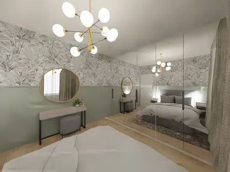 Wnętrze sypialni w stylu glamour i minimalistycznym z nowoczesnym oświetleniem.
