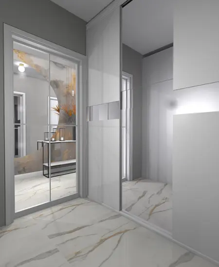 Wnętrze z lustrem, białymi meblami, art deco, glamour, japandi, minimaluxe, quiet luxury