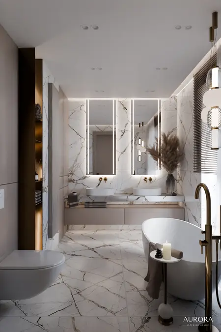Nowoczesna łazienka z marmurowymi akcentami, wanną i umywalkami, styl dopamine decor i minimaluxe.