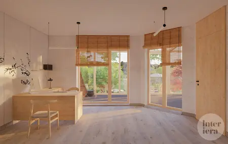Wnętrze biura w stylu japandi i minimalistycznym z drewnianym biurkiem.