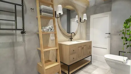 Wnętrze łazienki w stylu boho z drewnianymi elementami.