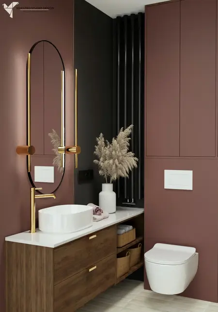 Nowoczesna łazienka w stylu art deco z brązowymi akcentami i złotymi detalami.