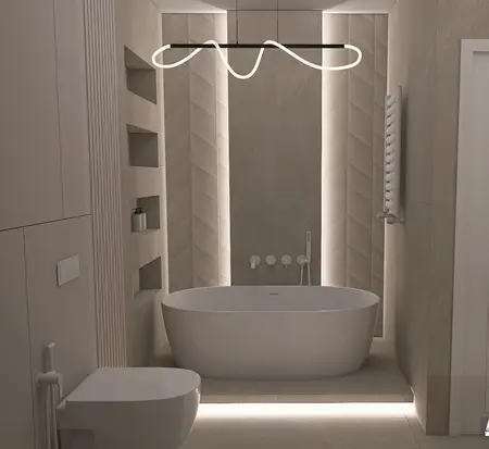 Nowoczesna łazienka z dużą wanną, podświetleniem LED i minimalistycznym designem.