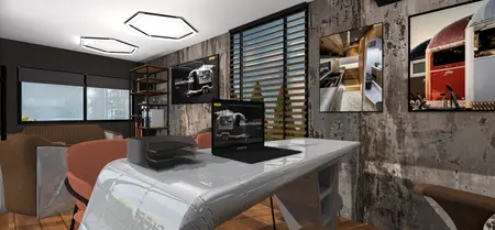 Gabinet w stylu dopamine decor z metalowym biurkiem, brązową sofą i industrialnym wykończeniem.