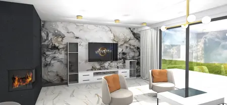 Wnętrze salonu z elementami art deco i minimaluxe, białe meble, kominek.