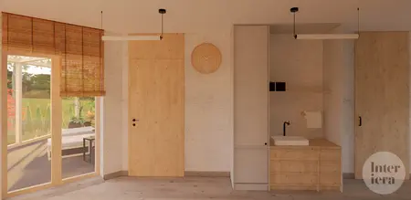 Wnętrze w stylu japandi i minimalistycznym z drewnianymi akcentami.