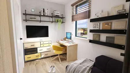 Gabinet w stylu industrialnym z biurkiem, telewizorem i półkami.