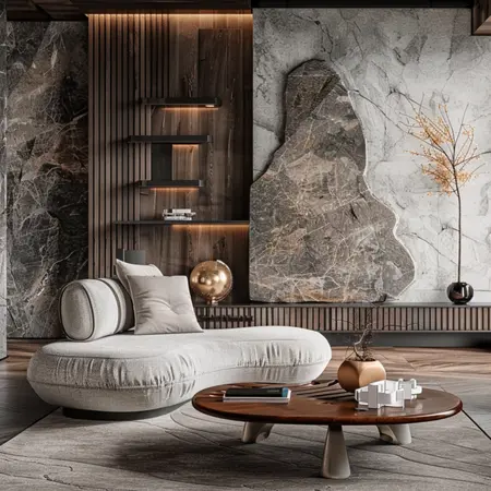 Wnętrze salonu z szarymi i drewnianymi elementami, art deco, minimalistyczny, nowoczesny, glamour.