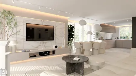 Wnętrze salonu z białymi meblami, drewnianym stołem i elementami stylu glamour, japandi oraz quiet luxury