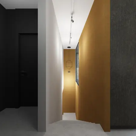 Korytarz w stylu industrialnym z czarną ścianą i złotą tapetą