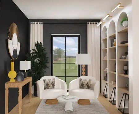 Nowoczesny salon w stylu minimaluxe z białymi fotelami i drewnianymi detalami.