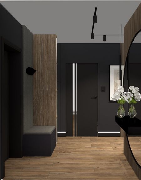 Przedpokój w stylu industrialnym z drewnianą podłogą i nowoczesnymi detalami.
