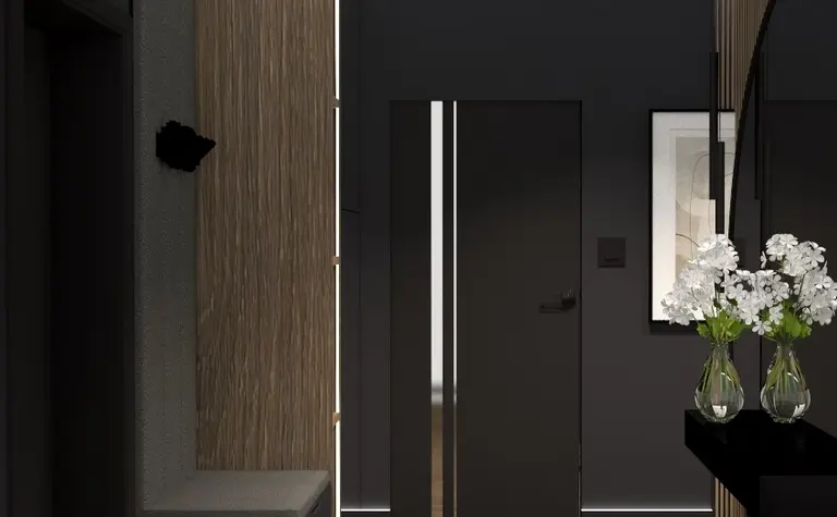 Przedpokój w stylu industrialnym z drewnianą podłogą i nowoczesnymi detalami.