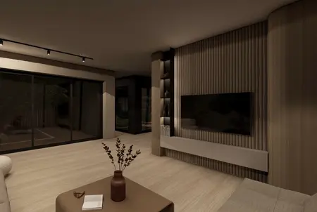 Stylowe wnętrze w stylu japandi z drewnianymi detalami i nowoczesnym wyposażeniem.