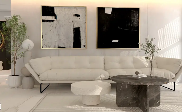 Wnętrze z jasną sofą, ciemnym stolikiem i rośliną w stylu glamour, japandi, quiet luxury, współczesny
