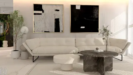 Wnętrze z jasną sofą, ciemnym stolikiem i rośliną w stylu glamour, japandi, quiet luxury, współczesny