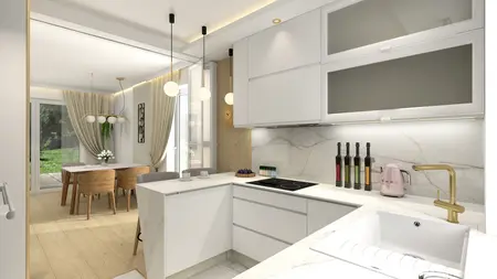 Wnętrze kuchni z białymi meblami i drewnianymi detalami, styl współczesny.