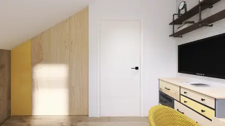 Wnętrze poddasza z drewnianą ścianą i telewizorem w stylu industrialnym.