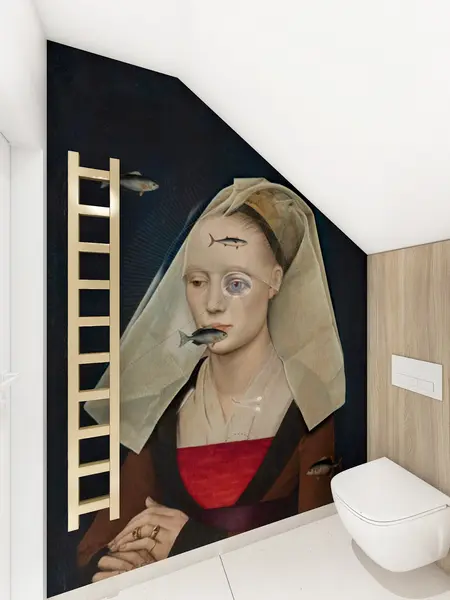 Toaleta z muralem w stylu art deco i nowoczesnym, drewnianymi elementami.