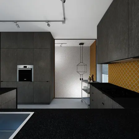 Kuchnia w stylu industrialnym z ciemnymi meblami i żółtymi detalami.