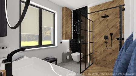 Wnętrze łazienki industrialnej z drewnianymi elementami i nowoczesnymi akcesoriami.