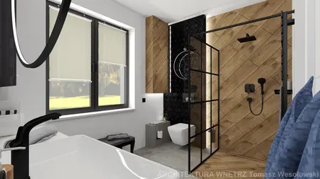 Wnętrze łazienki industrialnej z drewnianymi elementami i nowoczesnymi akcesoriami.