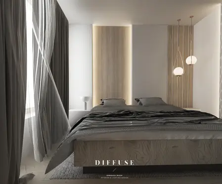 Eklektyczne wnętrze minimalistycznej sypialni z szarymi zasłonami i drewnianymi akcentami.