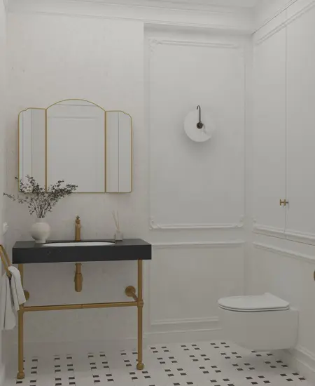 Łazienka w stylu art deco z minimalistycznym i tradycyjnym wystrojem, czarna umywalka.
