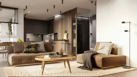 Wnętrze salonu z brązowymi meblami i drewnianymi akcentami w stylu nowoczesnym, industrialnym i skandynawskim.