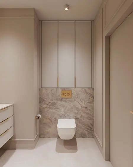 Elegancka łazienka w stylu minimaluxe z nowoczesnymi detalami.