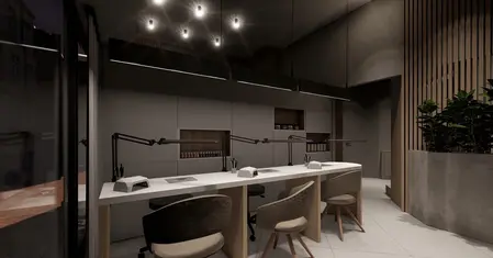 Biuro w stylu boho, japandi i minimalistycznym z jasnym biurkiem.