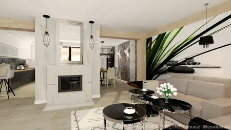 Wnętrze salonu z białą sofą i stylowymi detalami quiet luxury.