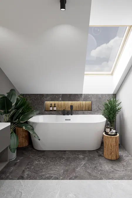 Nowoczesna łazienka z wanną, roślinami i drewnianymi akcentami, minimalistyczny design.