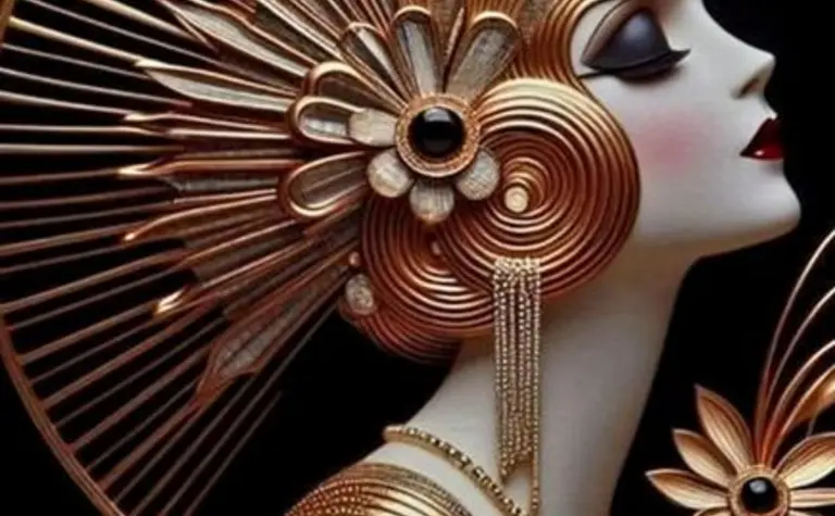 Obrazek przedstawiający stylizowany portret kobiety w stylu art deco z glamour i vintage akcentami.