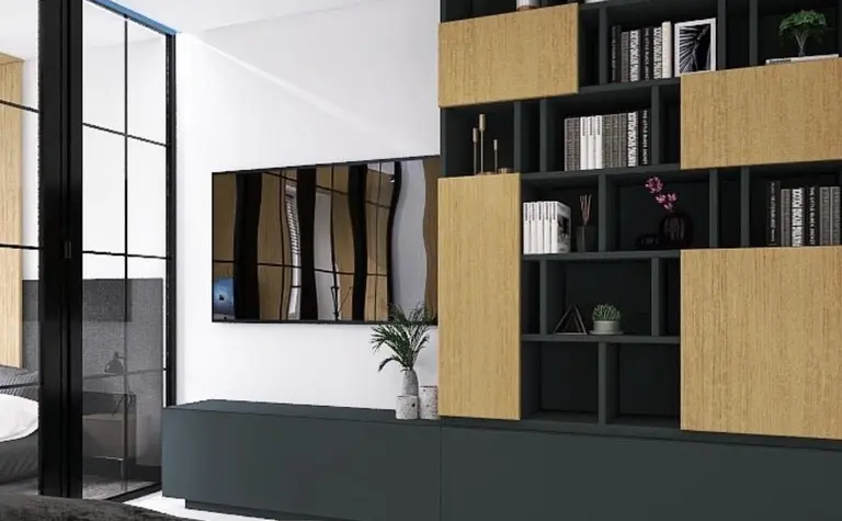 Stylowe wnętrze z zieloną szafką, drewnianymi półkami, industrialnym i nowoczesnym designem.