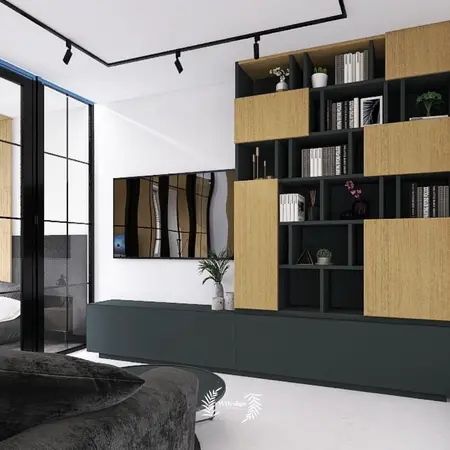 Stylowe wnętrze z zieloną szafką, drewnianymi półkami, industrialnym i nowoczesnym designem.
