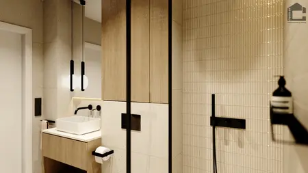 Nowoczesna łazienka z minimalistycznym wystrojem, drewnianymi meblami i eleganckimi akcesoriami.