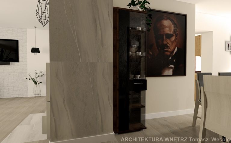 Wnętrze z elementami quiet luxury, szare ściany, drewniane akcenty, stylizacja nowoczesna