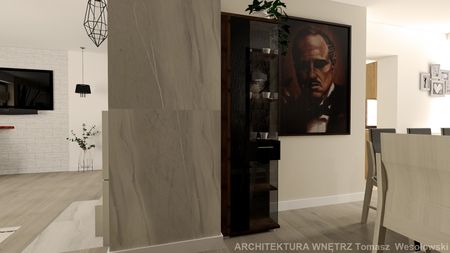 Wnętrze z elementami quiet luxury, szare ściany, drewniane akcenty, stylizacja nowoczesna