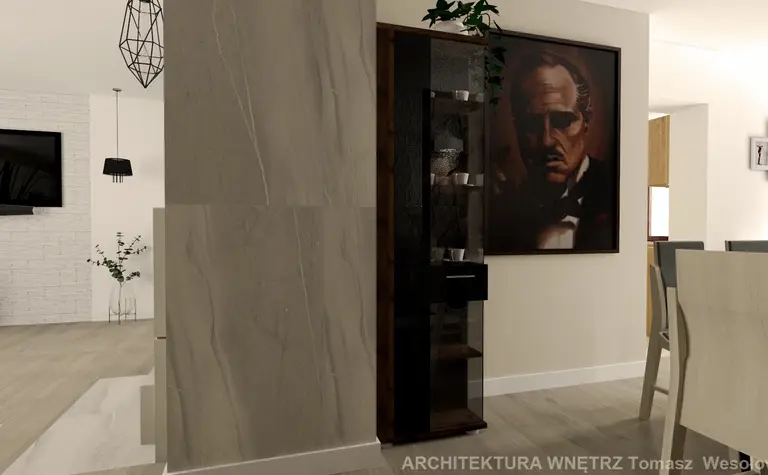 Wnętrze z elementami quiet luxury, szare ściany, drewniane akcenty, stylizacja nowoczesna