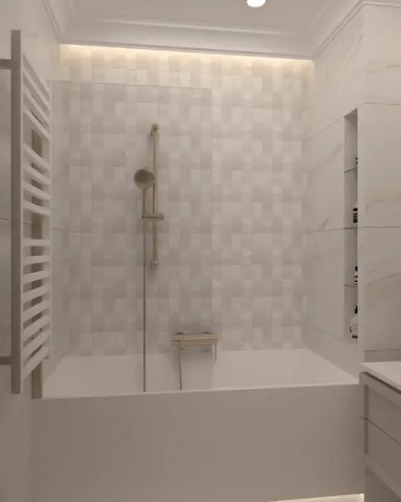 Nowoczesna łazienka z białą wanną i złotymi detalami, styl quiet luxury.