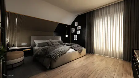 Wnętrze sypialni z szarymi ścianami, beżowym łóżkiem i nowoczesnymi detalami.