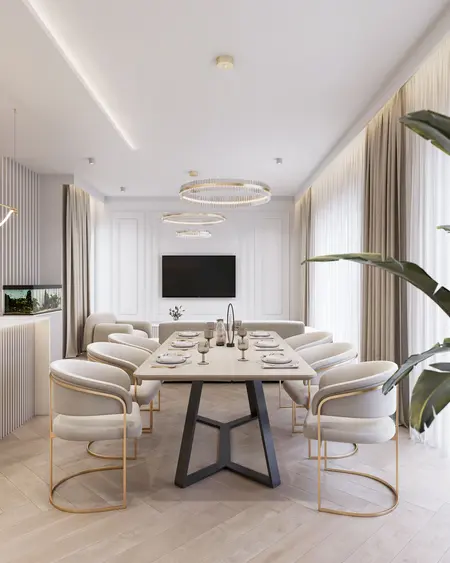 Nowoczesna jadalnia z jasnym stołem, minimalistycznymi krzesłami, soft minimalizm i quiet luxury.