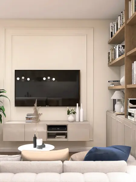 Salon z telewizorem, minimalistycznymi meblami i półkami na książki w stylu nowoczesnym.