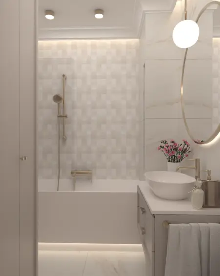Nowoczesna łazienka z wanną, złotymi akcentami i kwiatami, styl quiet luxury.