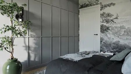Sypialnia z szarymi ścianami, zieloną rośliną i eleganckim oświetleniem, styl nowoczesny.