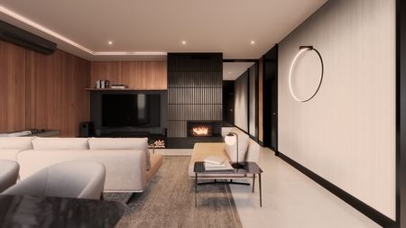 Wnętrze salonu z minimalistycznym designem, kominkiem i drewnianymi akcentami