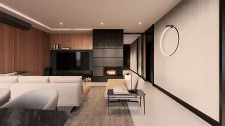 Wnętrze salonu z minimalistycznym designem, kominkiem i drewnianymi akcentami