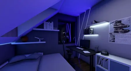 Wnętrze poddasza z biurkiem, półkami na książki i niebieskim oświetleniem LED, minimalistyczne.